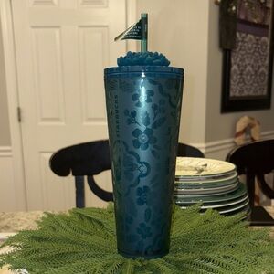 Starbucks Teal Floral Fall 2025 Tumbler with Silicone Lid Topper NWT
